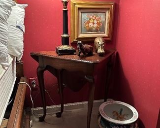 Unique Queen Anne Style Drop Leaf Table, Oil Painting signed T. Kelly, Bronze Hippo Decor, Candlestick Style Table Lamp (1 of 2), Large Fish Bowl Jardinière