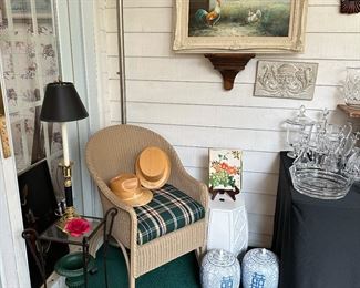 On wall - Original Painting of a Rooster and a Chicken by L. Habady, One of several Wicker Chairs, Home Decor