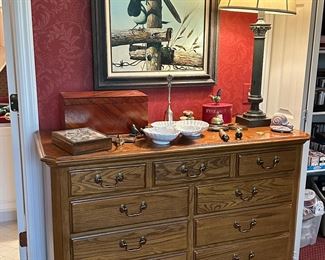 Oak Dresser, Original Painting of Birds, Home Decor