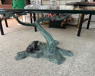 Glass Coffee Table with Metal Tree Base/Frog