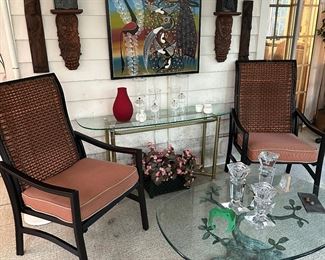 Glass Top Tree Table, Pair of Caned-Back Arm Chairs, Miscellaneous Home Decor, Glass Top Sofa Table with Brass Base
