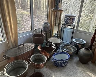 A Variety of Oriental Fish Bowl Planters, Brass and Copper Containers