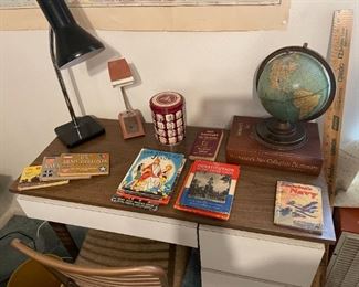vintage books, lamps, globe 