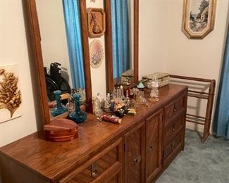 Bedroom set - dresser with two mirrors, matching headboard and nightstand with brass pulls