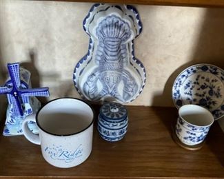 Delft blue windmill music box, Delft blue small canister, lobster ceramic mold, cup & saucer set with holder