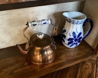 Copper tea pot, Delft blue pitcher