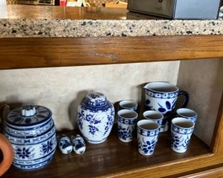 Delft blue canister, shoe set, ginger jar, pitcher & set of 6 glasses