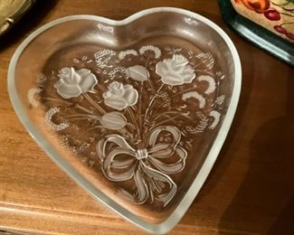 Rose etched glass heart shaped dish