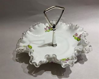 Fenton crimped edge candy dish with holder “Violets”