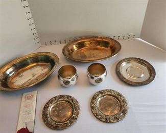 Gorham, WM Rogers silverplate trays, saucers and cups