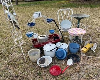 Your Garden is waiting! Wire baskets, wire racks, enamelware pots & pans, metal vanity seat, metal ice cream chair, child’s wagon, heavy cast-iron sprinkler, wine rack, birdbath