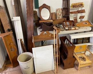 Crock, WOODEN— peg rack, quilt display rod, shelving, magazine rack, potty chair, corner shelf racks, zither with sheet music, men’s travel kit from 1955