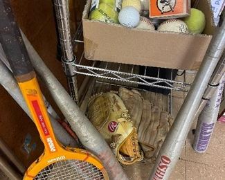 Sports equipment. Great pieces for nostalgia decorating. Softballs not shown. 