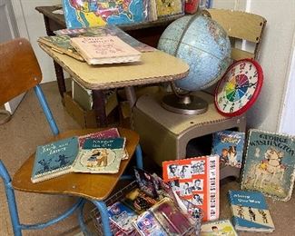 School desk with metal base and teacher’s classroom chair from Meyer. 
Classroom globe, clock for teaching time, Beanie Babies, tons of school books and puzzles 