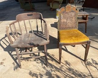 Captains chair and fancy cane-back chair with hand-painted floral motif.
Both need work