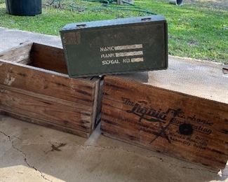 Old wooden crates from San Antonio and military box.