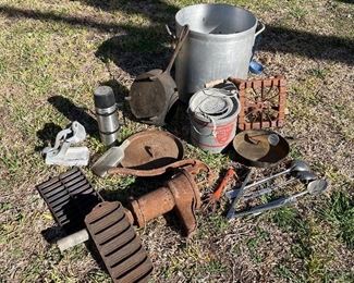 Fishin’ camp! Griswold pieces, camping gear, water, pump, cooking utensils
