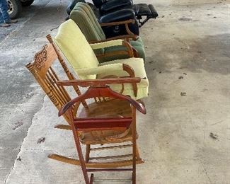 Wooden Gentlemens valet,  pressed back rocker,  pedesta, rocker, swivel rocker.