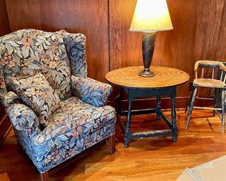 Gorgeous floral wing chair and lamp. Shown with an 1800's blue painted tavern table.  TABLE & LAMP SOLD.