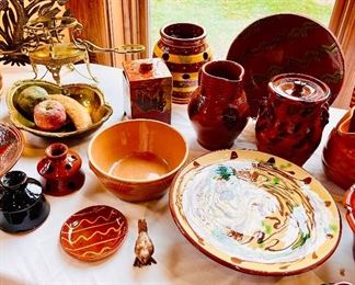Pumpkin colored pottery, redware pieces of all kinds