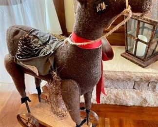 Handmade primitive reindeer pull toy decoration - 3' tall 