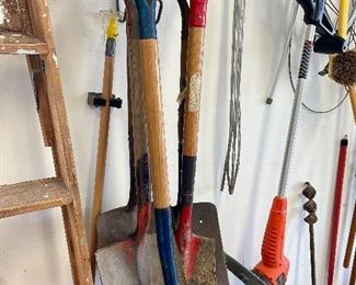 Shovels, pitch fork, ladder, string trimmer