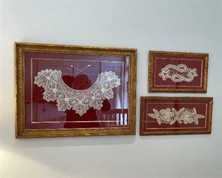 Framed hand made lace collar and lace pieces