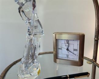 Tiffany clock, Tiffany black lacquered pen, Baccarat crystal female golfer