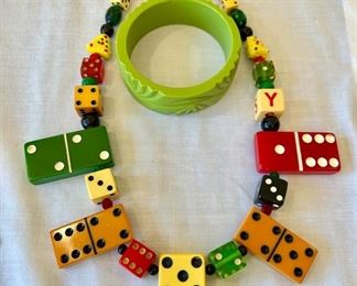 Vintage Bakelite domino, dice and glass bead necklace and green bakelite bracelet