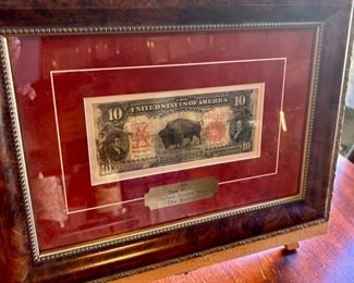 Framed United States 1901 Buffalo $10.00 bill.