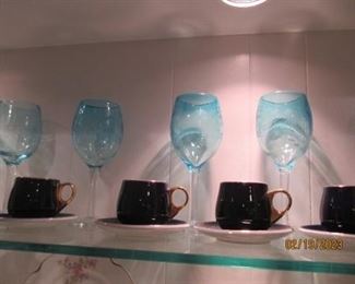 Beautiful blue etched stemware, demataisse cups and saucers set