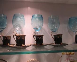 Beautiful blue stemware and demataisse cup and saucer set