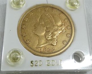 RARE 1866S $20 GOLD COIN
