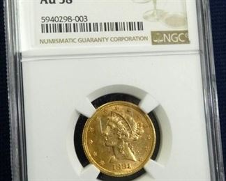 GOLD 1881 $5 LIBERTY HEAD AU58