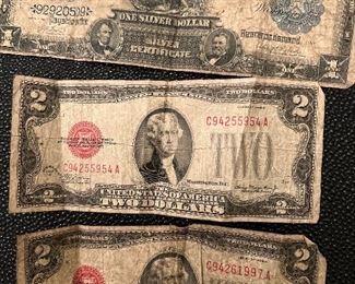 2 1928-D $2 bills | 1 One Silver Dollar Bill