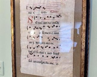 Medieval Gregorian framed sheet music.