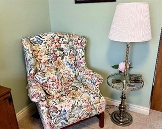Ethan Allen English floral wingback chair, pair available.