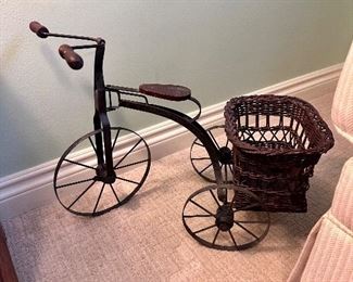 Cute wicker tricycle decor.