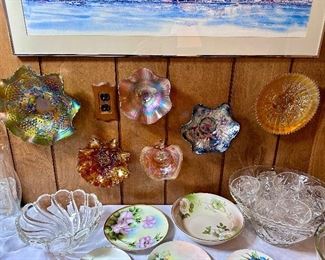 Collection of carnival glass & hand painted china.