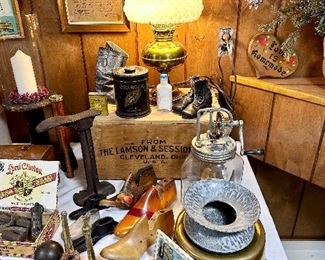 Collection of primitive & Americana items. Two tables full!