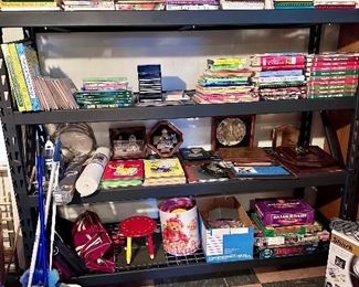 Cook books, cleaning supplies, games and toys.