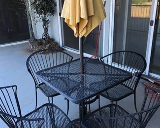 Black Iron Lattice Patio Table, Chairs, Umbrellas