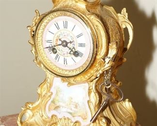 Antique gold gilt mantle clock with hand painted porcelain-c1870-1890