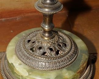 Green marble base brass floor lamp with ashtray attached