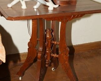 Marble or Onyx Jaquar sculpture on an Antique Walnut Victorian Lamp Table-c1890