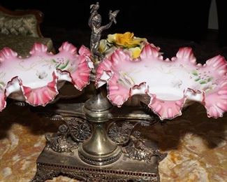 Pairpoint cherub/dove ruffle glass centerpiece/epergne-c1890-quite rare to find this piece with the ruffle glass.  There is  small piece of the glass missing, but the appraisal states it doesn't affect the value. 