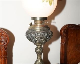 Converted vintage etched brass floral hurricane lamp