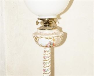 Antique hand painted Dresden oil lamp-c1800