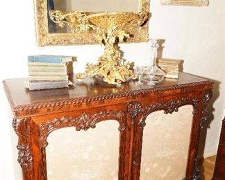 Flame mahogany cabinet with floral canvas insets-c1890-1910