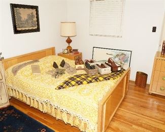 Mid century bedroom suite includes two 3 drawer dressers, one nightstand and a queen/full size bedframe-being sold individually. 